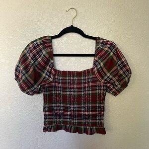 American Eagle Red Plaid Puff-Sleeve Smocked Crop Top